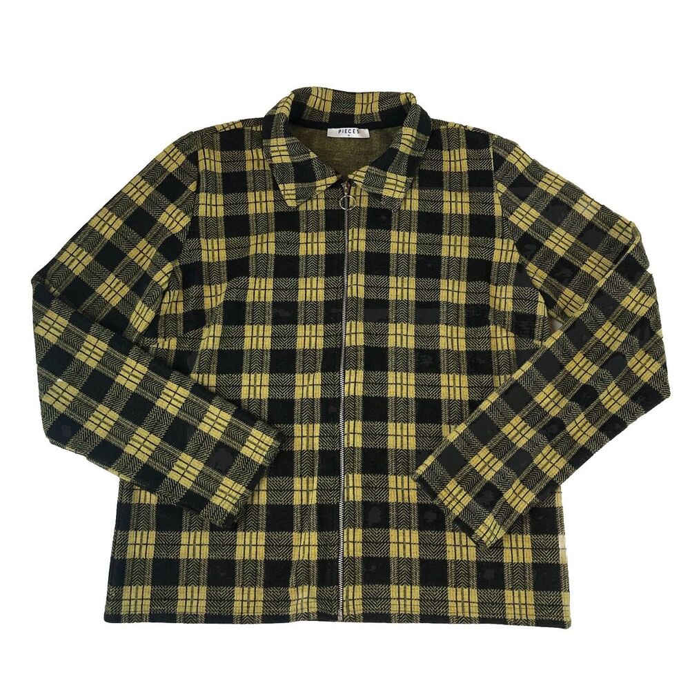Pieces Women's Yellow Black Plaid Zip Front Shirt Jacket Lightweight Size Medium